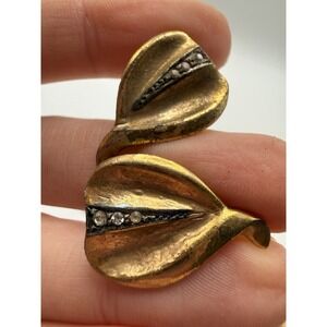 Vintage Gold Tone Leaf Statement Clip On Screw Back Earrings w/ Rhinestones